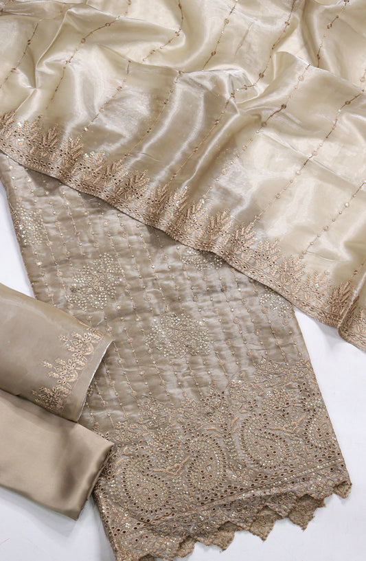 Amna Khadija Embroidered Sheesha Silk Unstitched 3 Piece Suit - D-14 - AM26SHES - Beige - Luxury Collection