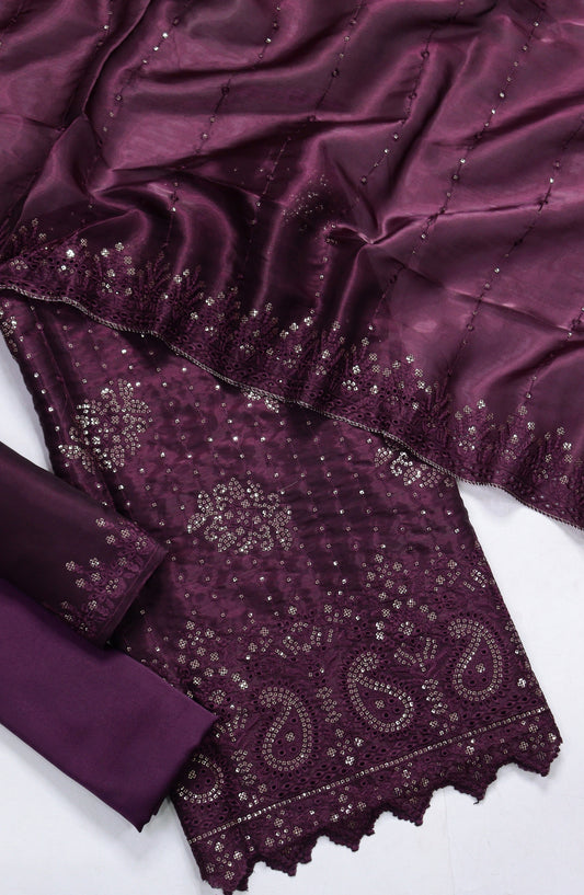 Amna Khadija Embroidered Sheesha Silk Unstitched 3 Piece Suit - D-13 - AM26SHES - Purple - Luxury Collection