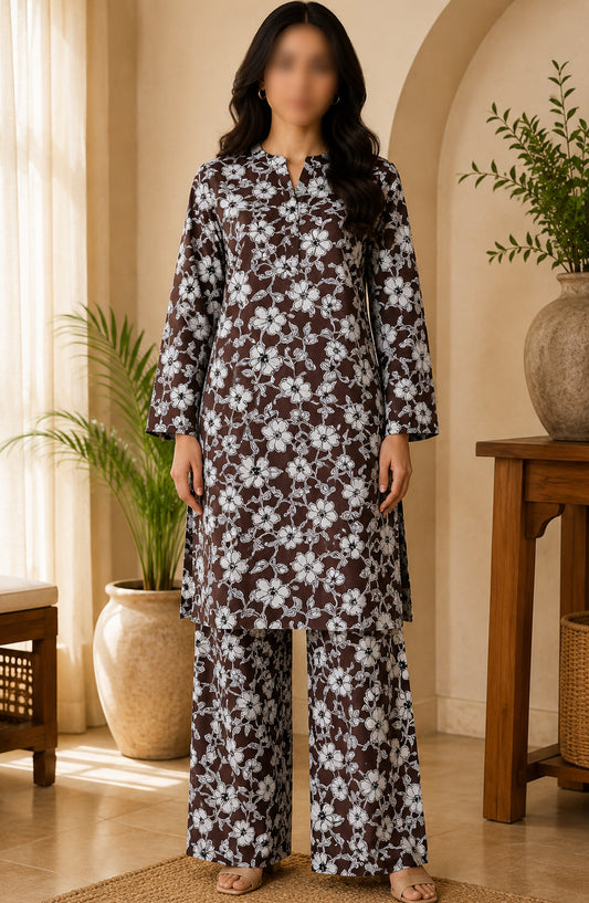 Amna Khadija Printed Lawn Unstitched 2 Piece Suit - FVD-26 - AM26PNU - Brown - Summer Collection