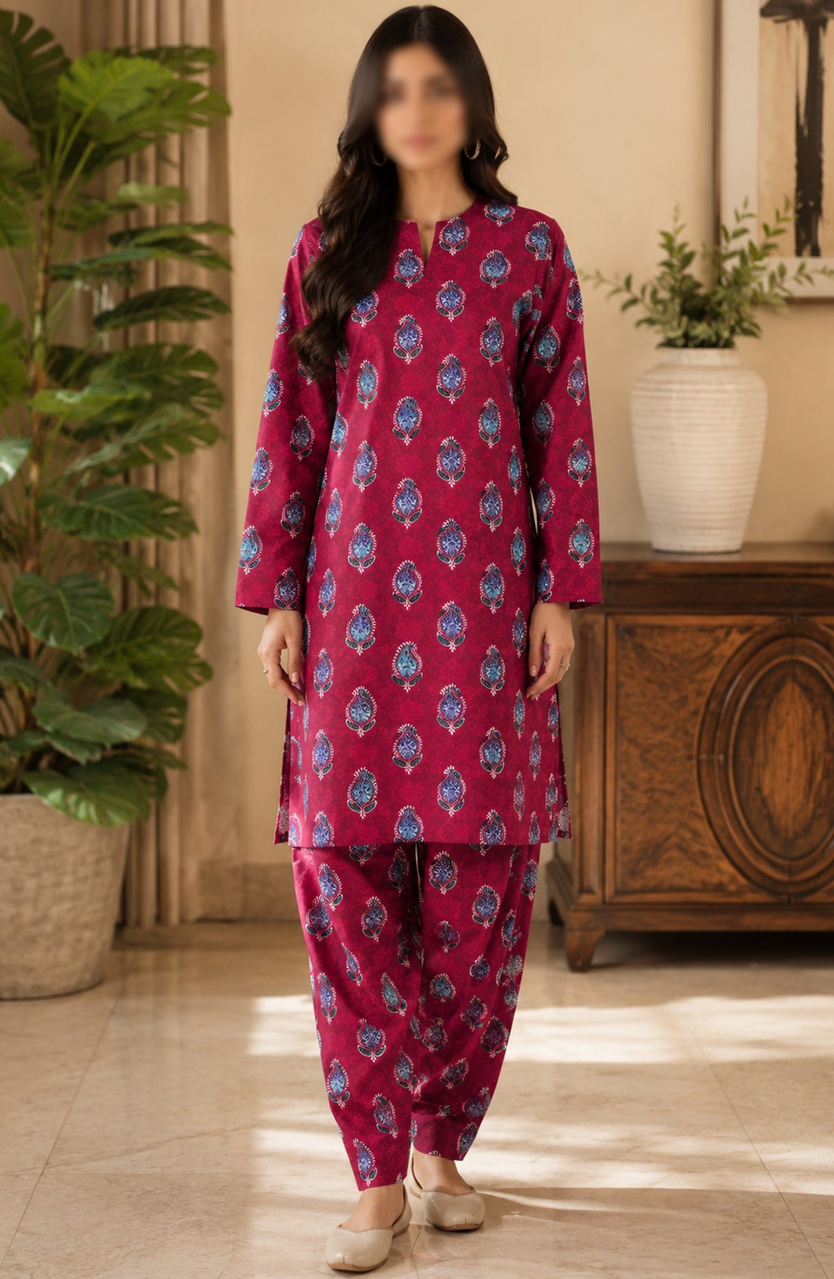 Amna Khadija Printed Lawn Unstitched 2 Piece Suit - FVD-08 - AM26PNU - Maroon - Summer Collection