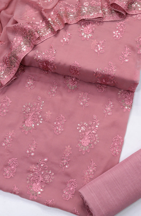 Amna Khadija Embroidered Crinkle Chiffon Unstitched 3 Piece Suit - D-07 - AM25LXC - Pink - Formals Collection