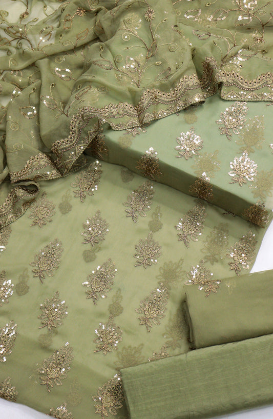 Amna Khadija Embroidered Chiffon Unstitched 3 Piece Suit - Design-12 - AM25LXC - Green - Luxury Collection
