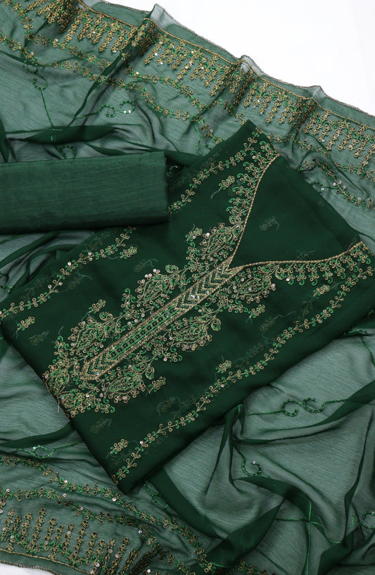 Amna Khadija Embroidered Chiffon Unstitched 3 Piece Suit - Design-18 - AM25LXC - Green - Luxury Collection