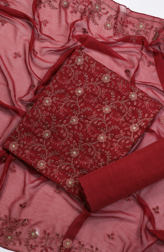 Amna Khadija Embroidered Chiffon Unstitched 3 Piece Suit - D-06 - AM25LXC 108107 - Red - Luxury Collection