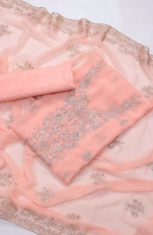 Amna Khadija Embroidered Chiffon Unstitched 3 Piece Suit - Design-25 - AM25LXC - Pink - Luxury Collection