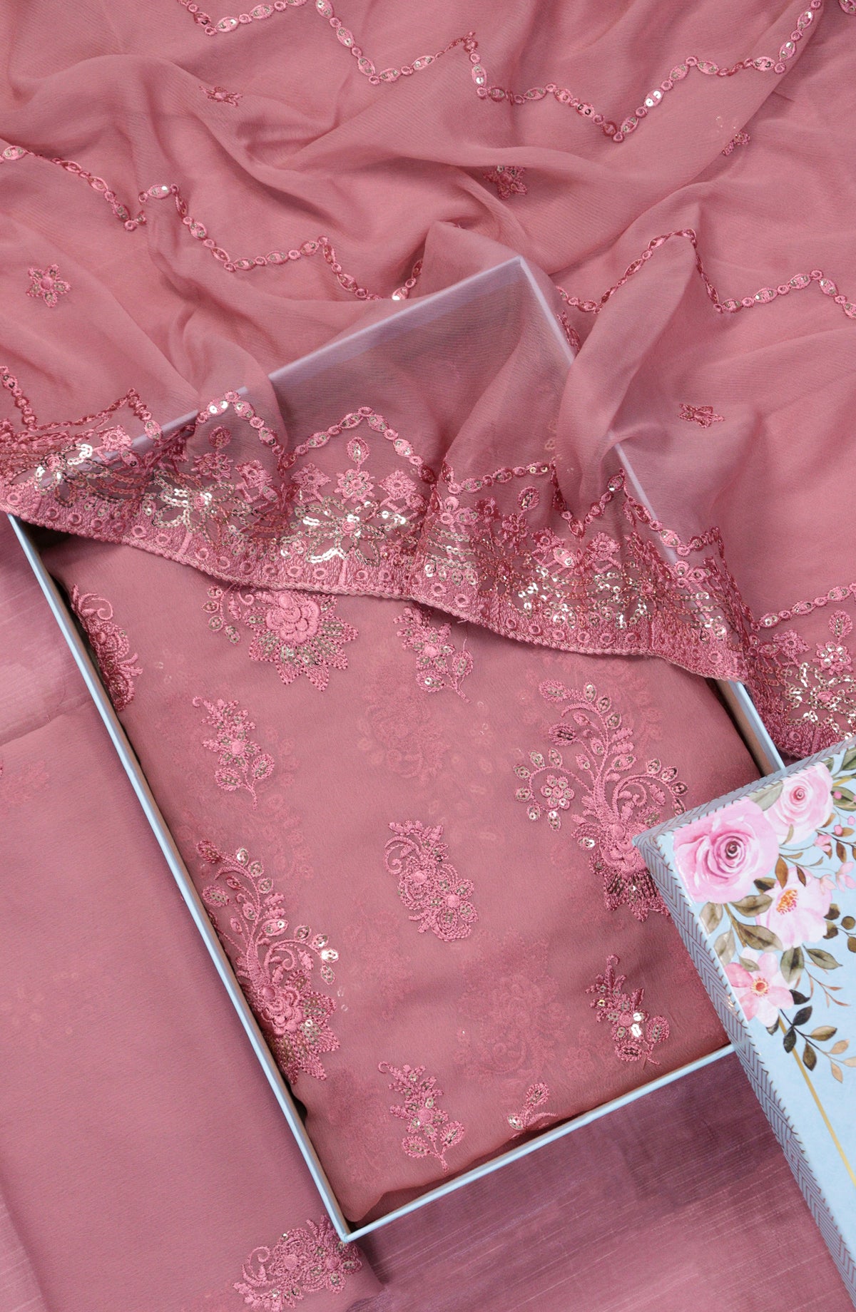 Amna Khadija Embroidered Crinkle Chiffon Unstitched 3 Piece Suit - D-07 - AM25LXC - Pink - Formals Collection