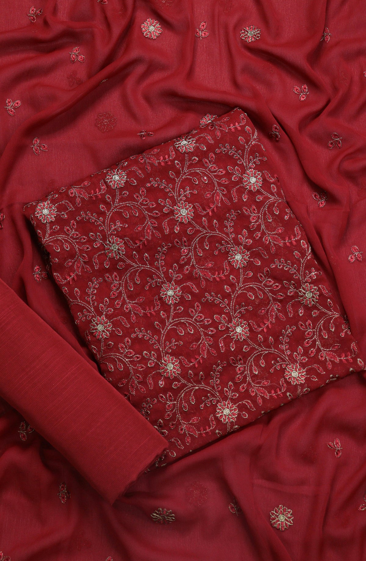 Amna Khadija Embroidered Chiffon Unstitched 3 Piece Suit - D-06 - AM25LXC 108107 - Red - Luxury Collection