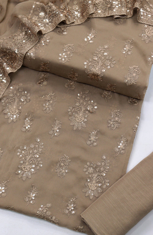 Amna Khadija Embroidered Crinkle Chiffon Unstitched 3 Piece Suit - D-06 - AM25LXC - Brown - Formals Collection