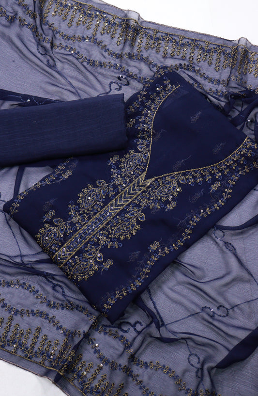 Amna Khadija Embroidered Chiffon Unstitched 3 Piece Suit - Design-17 - AM25LXC - Blue - Luxury Collection