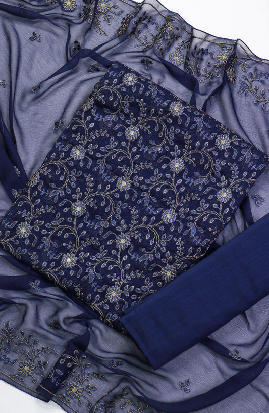 Amna Khadija Embroidered Chiffon Unstitched 3 Piece Suit - D-05 - AM25LXC 108107 - Blue - Luxury Collection