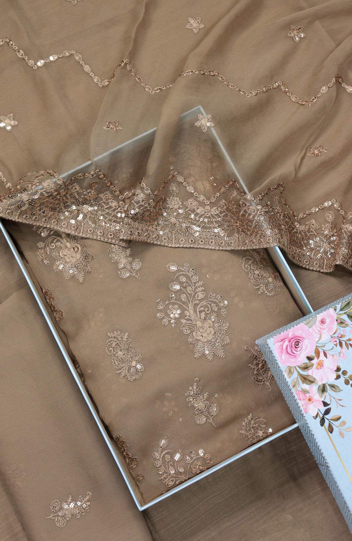 Amna Khadija Embroidered Crinkle Chiffon Unstitched 3 Piece Suit - D-06 - AM25LXC - Brown - Formals Collection