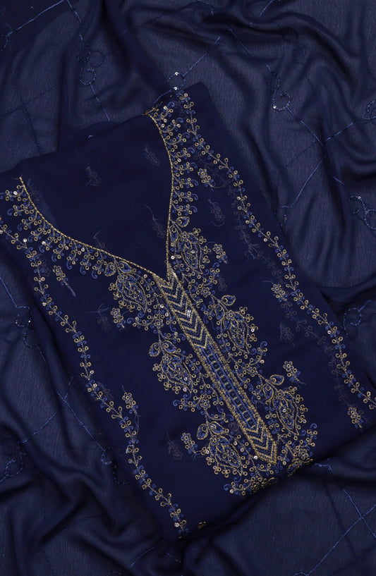 Amna Khadija Embroidered Chiffon Unstitched 3 Piece Suit - Design-17 - AM25LXC - Blue - Luxury Collection