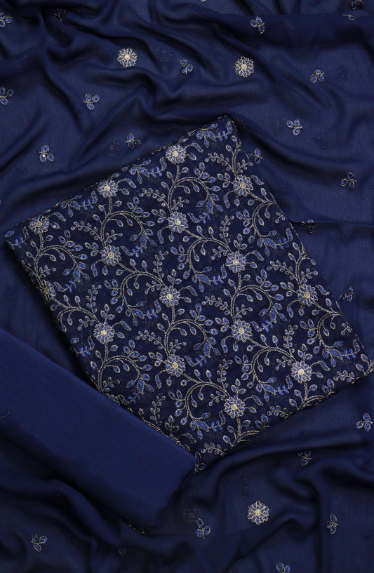 Amna Khadija Embroidered Chiffon Unstitched 3 Piece Suit - D-05 - AM25LXC 108107 - Blue - Luxury Collection