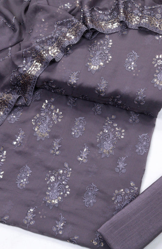 Amna Khadija Embroidered Crinkle Chiffon Unstitched 3 Piece Suit - D-05 - AM25LXC - Purple - Formals Collection