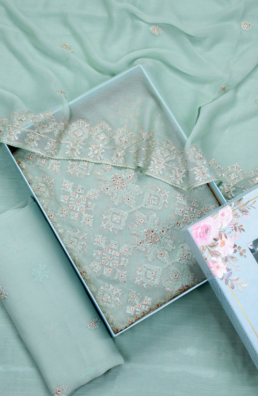 Amna Khadija Embroidered Crinkle Chiffon Unstitched 3 Piece Suit - D-05 - AM25LXC - Blue - Formals Collection