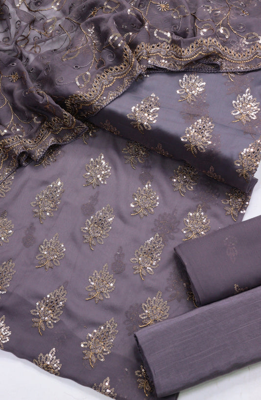Amna Khadija Embroidered Chiffon Unstitched 3 Piece Suit - Design-10 - AM25LXC - Purple - Luxury Collection