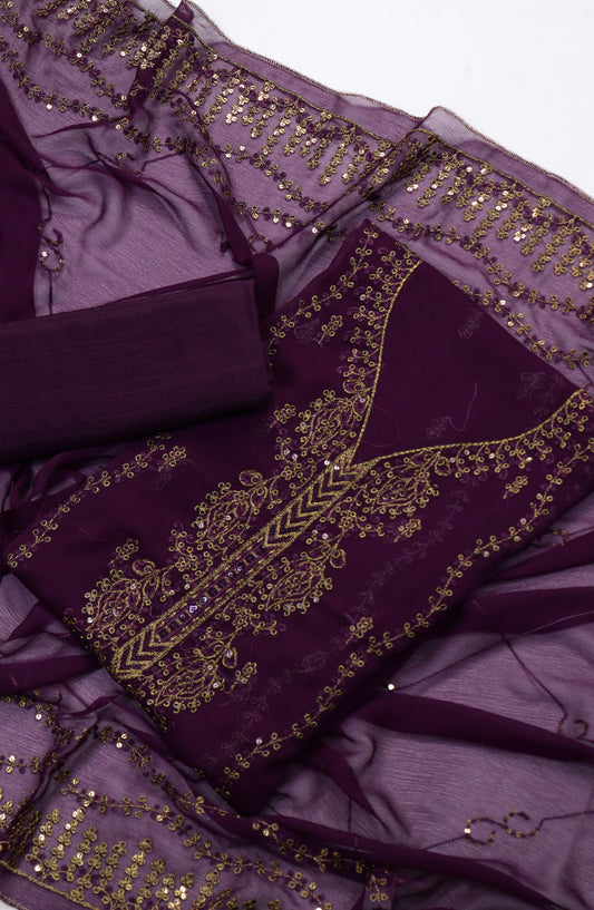 Amna Khadija Embroidered Chiffon Unstitched 3 Piece Suit - Design-16 - AM25LXC - Purple - Luxury Collection
