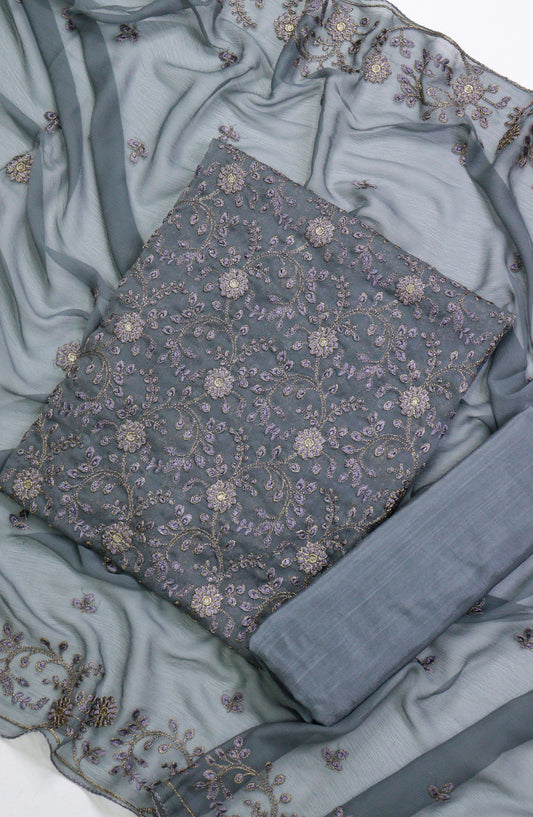 Amna Khadija Embroidered Chiffon Unstitched 3 Piece Suit - D-04 - AM25LXC 108107 - Blue - Luxury Collection