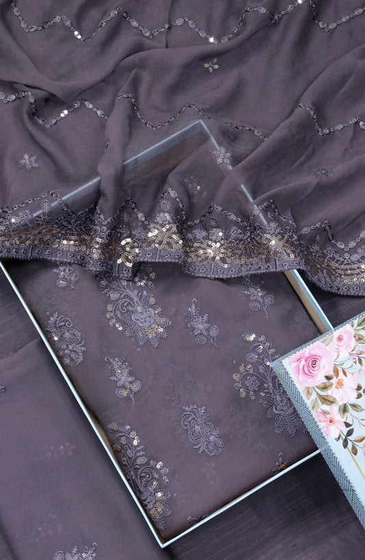 Amna Khadija Embroidered Crinkle Chiffon Unstitched 3 Piece Suit - D-05 - AM25LXC - Purple - Formals Collection