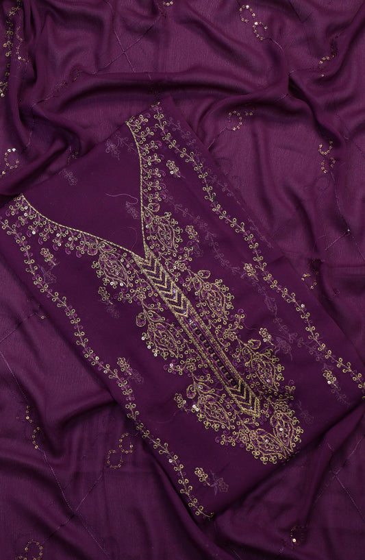 Amna Khadija Embroidered Chiffon Unstitched 3 Piece Suit - Design-16 - AM25LXC - Purple - Luxury Collection