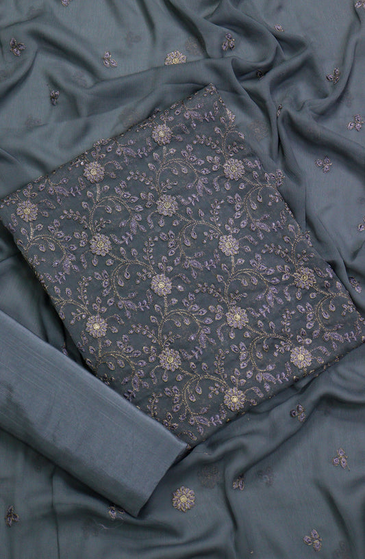 Amna Khadija Embroidered Chiffon Unstitched 3 Piece Suit - D-04 - AM25LXC 108107 - Blue - Luxury Collection