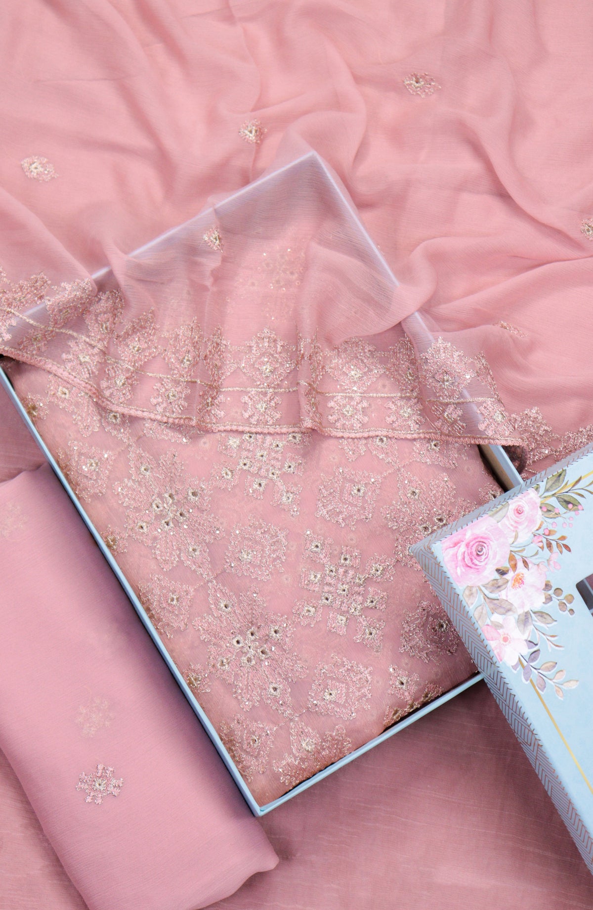 Amna Khadija Embroidered Crinkle Chiffon Unstitched 3 Piece Suit - D-04 - AM25LXC - Pink - Formals Collection