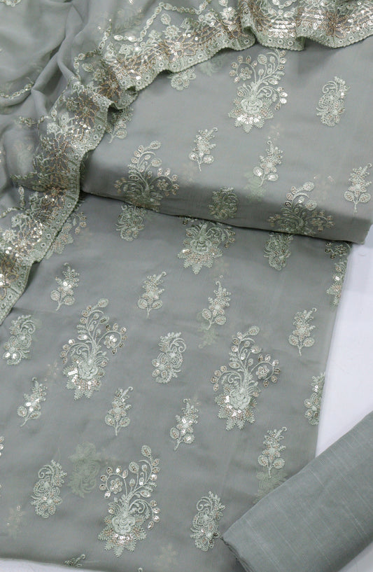 Amna Khadija Embroidered Crinkle Chiffon Unstitched 3 Piece Suit - D-04 - AM25LXC - Grey - Formals Collection