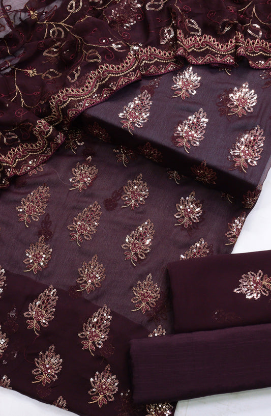 Amna Khadija Embroidered Chiffon Unstitched 3 Piece Suit - Design-09 - AM25LXC - Purple - Luxury Collection