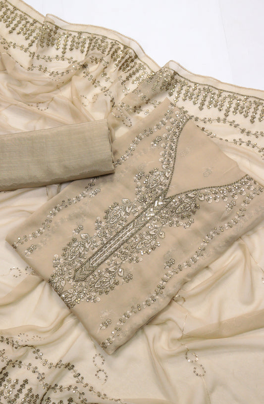 Amna Khadija Embroidered Chiffon Unstitched 3 Piece Suit - Design-15 - AM25LXC - Fawn - Luxury Collection