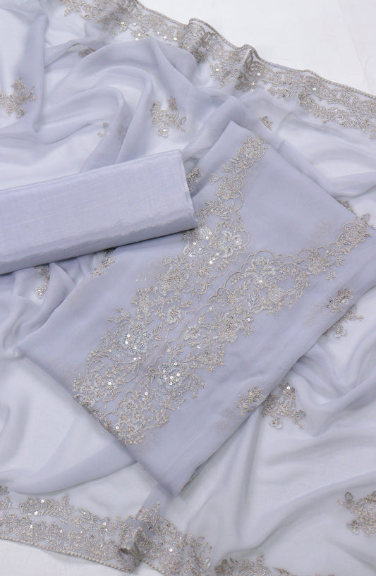 Amna Khadija Embroidered Chiffon Unstitched 3 Piece Suit - Design-22 - AM25LXC - Blue - Luxury Collection