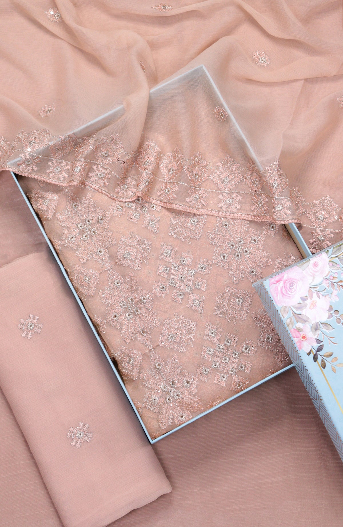 Amna Khadija Embroidered Crinkle Chiffon Unstitched 3 Piece Suit - D-03 - AM25LXC - Peach - Formals Collection