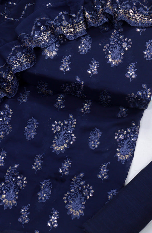 Amna Khadija Embroidered Crinkle Chiffon Unstitched 3 Piece Suit - D-03 - AM25LXC - Blue - Formals Collection