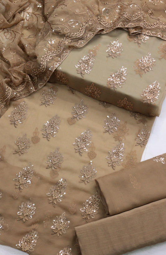 Amna Khadija Embroidered Chiffon Unstitched 3 Piece Suit - Design-08 - AM25LXC - Rust - Luxury Collection