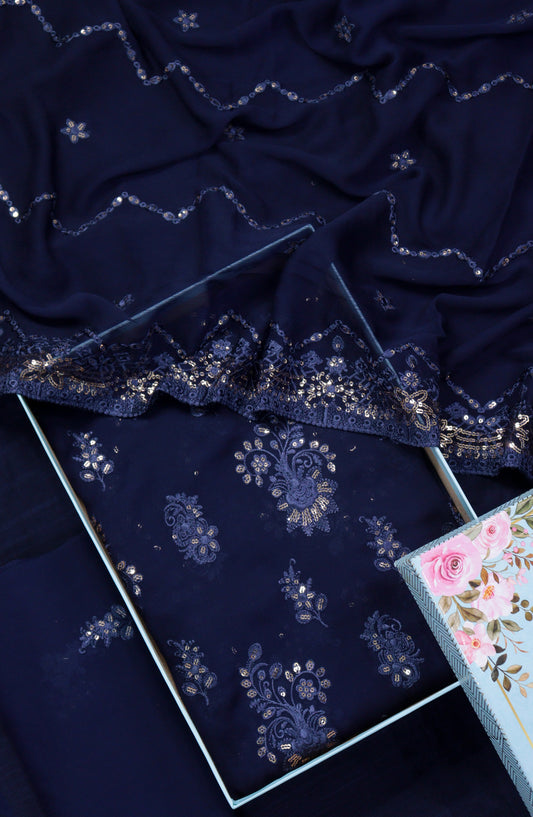 Amna Khadija Embroidered Crinkle Chiffon Unstitched 3 Piece Suit - D-03 - AM25LXC - Blue - Formals Collection