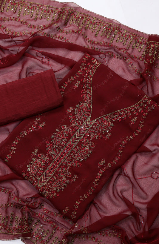 Amna Khadija Embroidered Chiffon Unstitched 3 Piece Suit - Design-14 - AM25LXC - Red - Luxury Collection