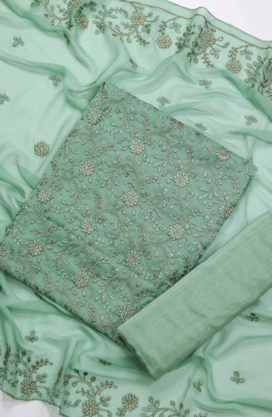 Amna Khadija Embroidered Chiffon Unstitched 3 Piece Suit - D-02 - AM25LXC 108107 - Green - Luxury Collection
