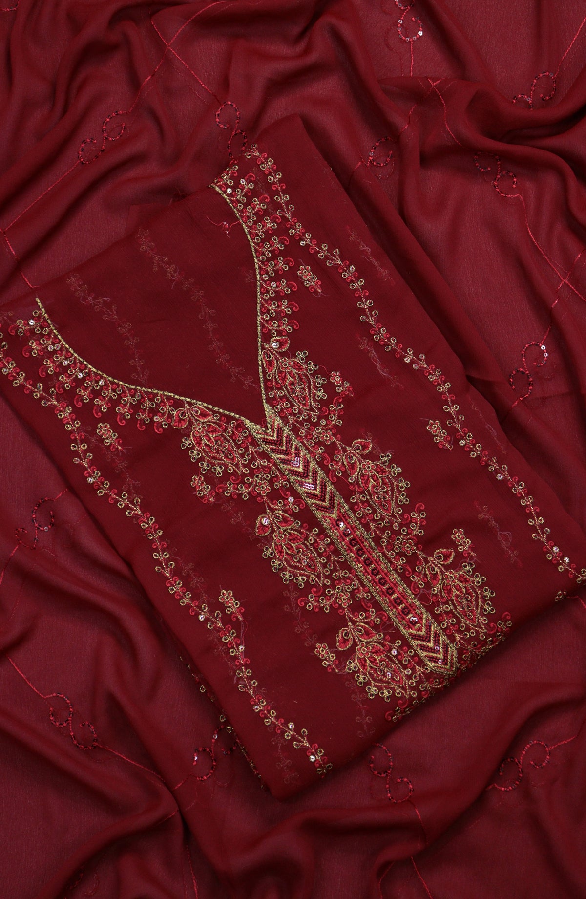 Amna Khadija Embroidered Chiffon Unstitched 3 Piece Suit - Design-14 - AM25LXC - Red - Luxury Collection