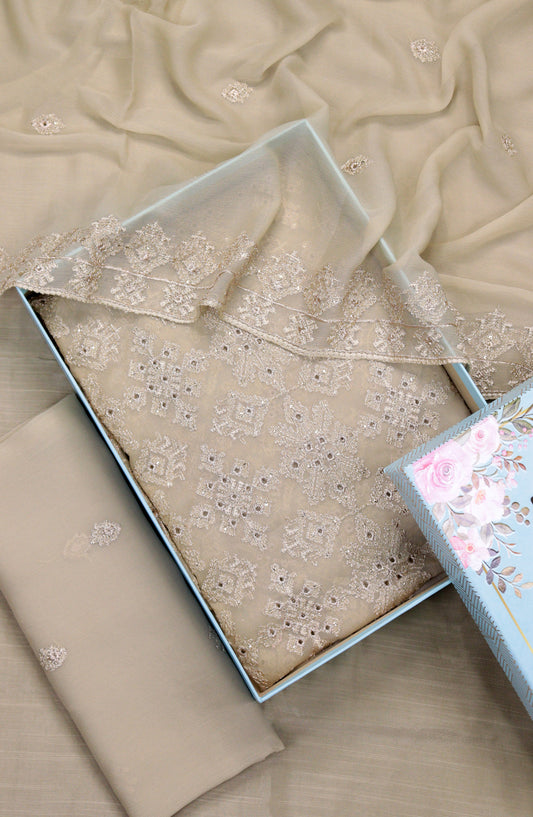 Amna Khadija Embroidered Crinkle Chiffon Unstitched 3 Piece Suit - D-02 - AM25LXC - Beige - Formals Collection