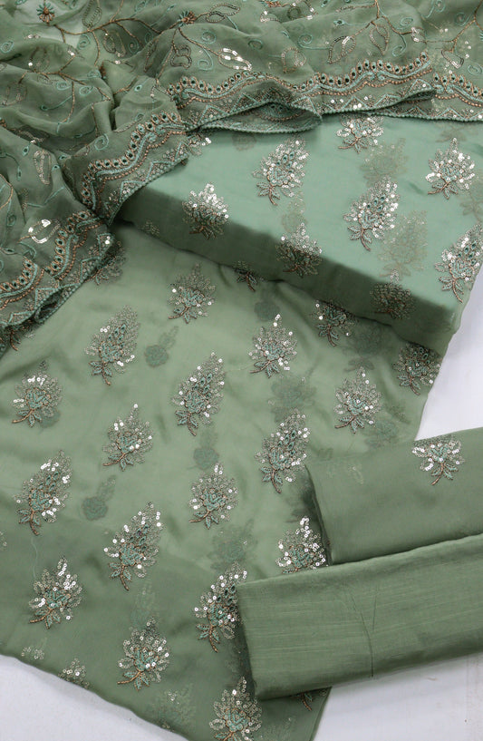 Amna Khadija Embroidered Chiffon Unstitched 3 Piece Suit - Design-07 - AM25LXC - Green - Luxury Collection