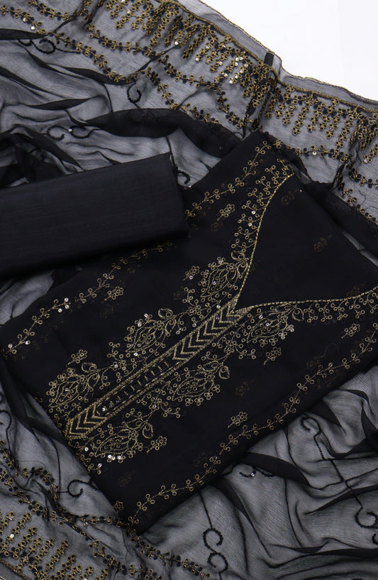 Amna Khadija Embroidered Chiffon Unstitched 3 Piece Suit - Design-13 - AM25LXC - Black - Luxury Collection