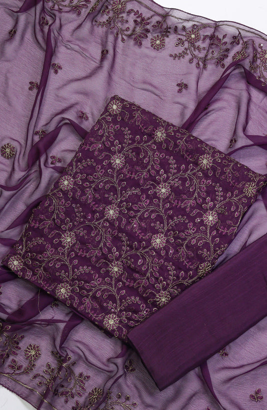 Amna Khadija Embroidered Chiffon Unstitched 3 Piece Suit - D-01 - AM25LXC 108107 - Purple - Luxury Collection