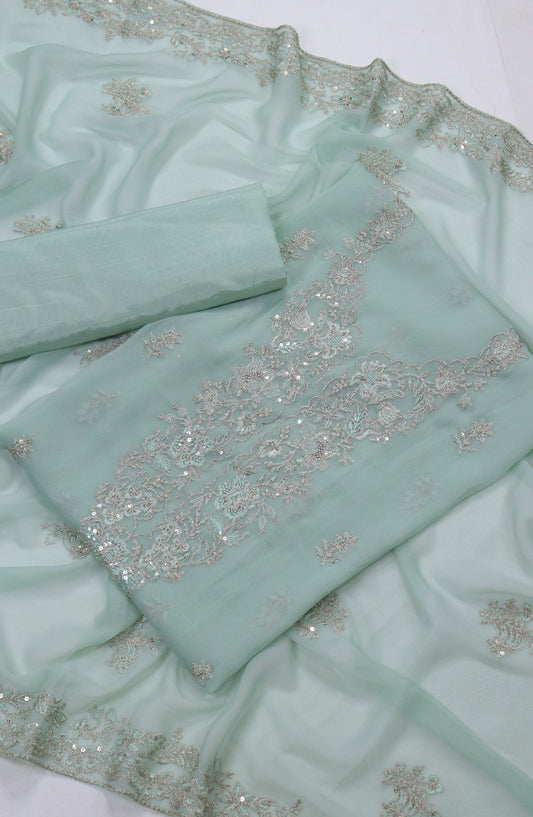 Amna Khadija Embroidered Chiffon Unstitched 3 Piece Suit - Design-20 - AM25LXC - Ferozi - Luxury Collection