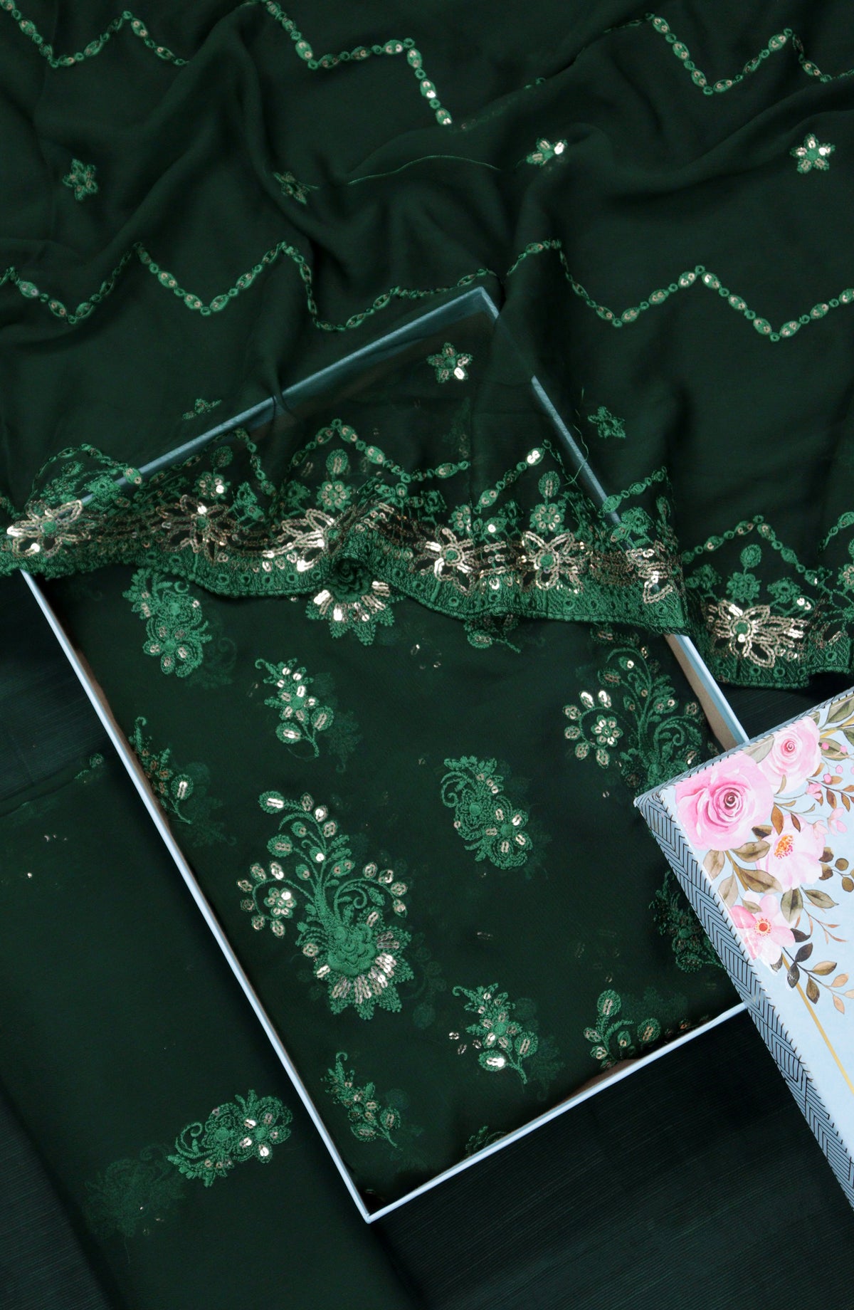 Amna Khadija Embroidered Crinkle Chiffon Unstitched 3 Piece Suit - D-02 - AM25LXC - Green - Formals Collection