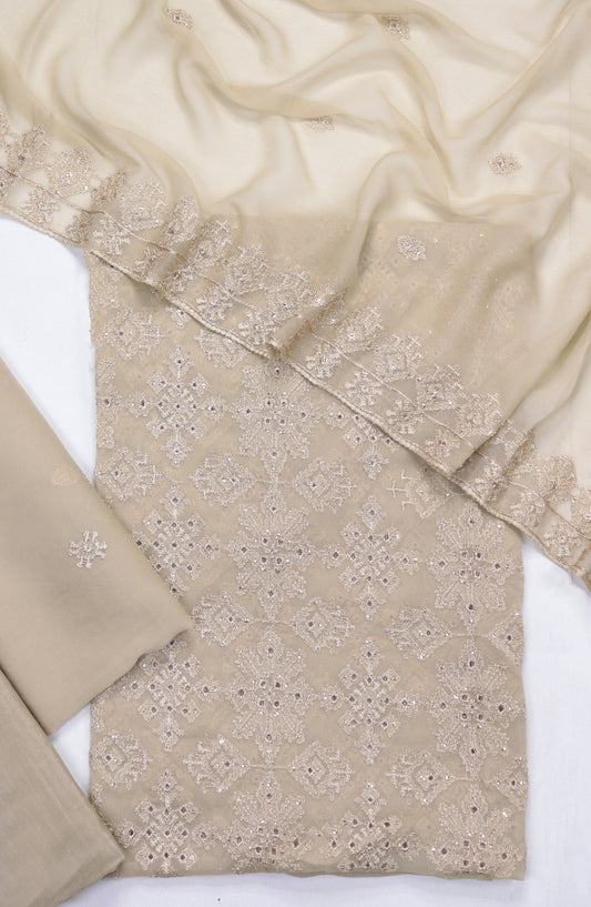 Amna Khadija Embroidered Crinkle Chiffon Unstitched 3 Piece Suit - D-02 - AM25LXC - Beige - Formals Collection