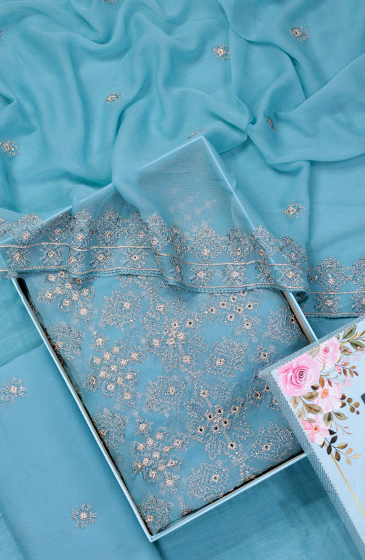 Amna Khadija Embroidered Crinkle Chiffon Unstitched 3 Piece Suit - D-01 - AM25LXC - Blue - Formals Collection