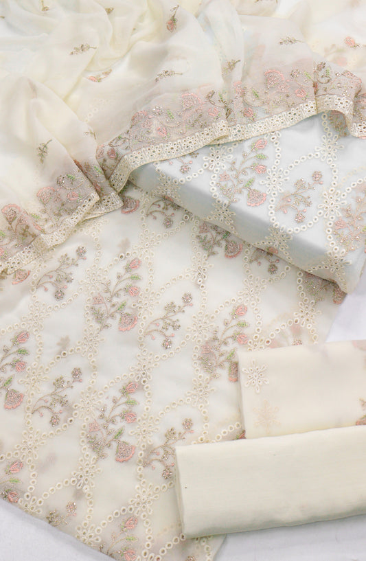 Amna Khadija Embroidered Chiffon Unstitched 3 Piece Suit - Design-06 - AM25LXC - White - Luxury Collection