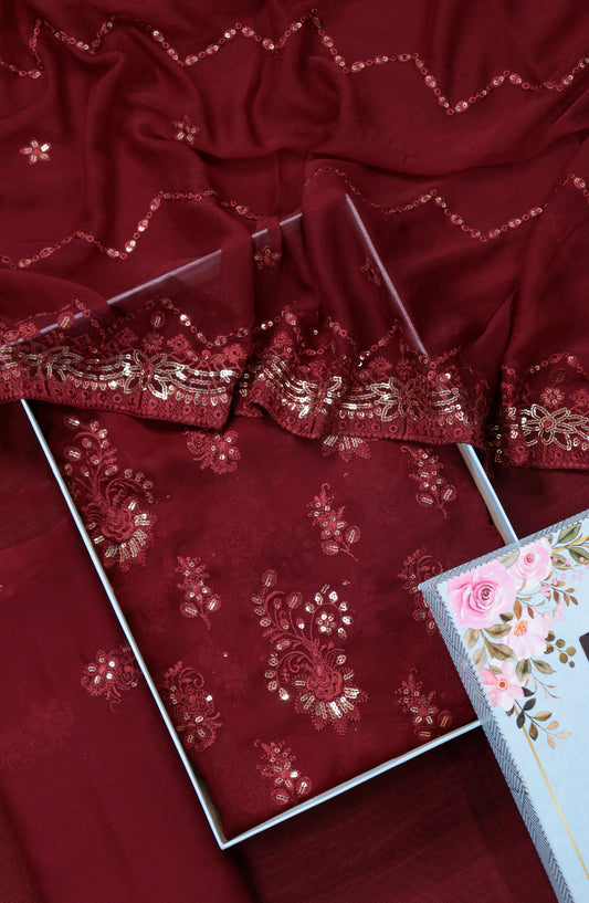 Amna Khadija Embroidered Crinkle Chiffon Unstitched 3 Piece Suit - D-01 - AM25LXC - Red - Formals Collection