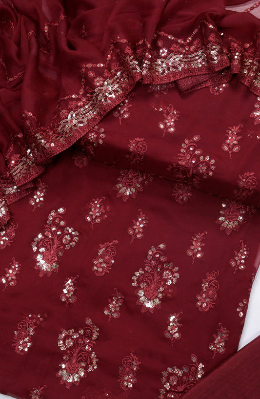 Amna Khadija Embroidered Crinkle Chiffon Unstitched 3 Piece Suit - D-01 - AM25LXC - Red - Formals Collection