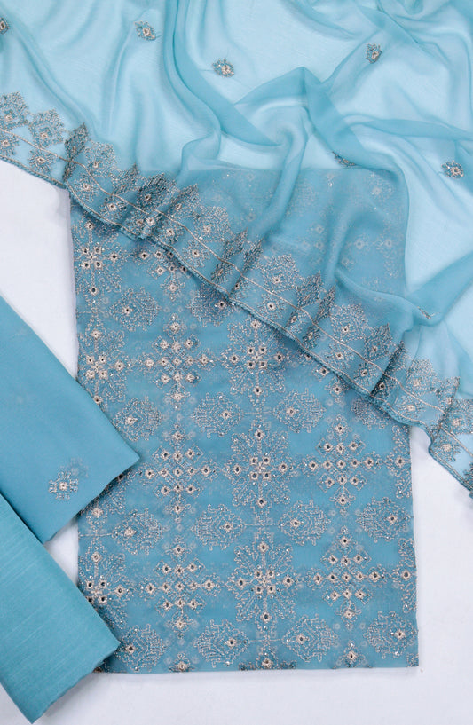 Amna Khadija Embroidered Crinkle Chiffon Unstitched 3 Piece Suit - D-01 - AM25LXC - Blue - Formals Collection