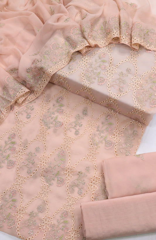 Amna Khadija Embroidered Chiffon Unstitched 3 Piece Suit - Design-05 - AM25LXC - Peach - Luxury Collection